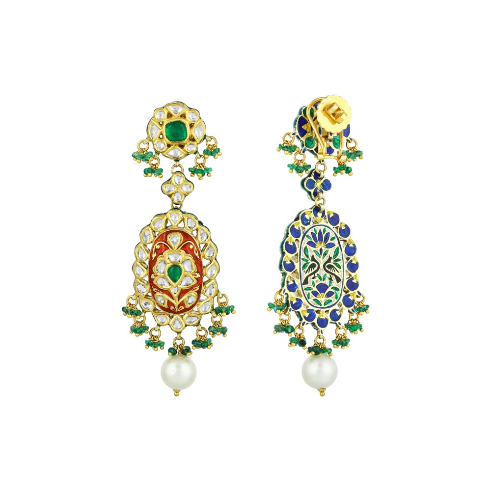 Red Enamel Earrings with Polki, Emerald, Green Beads & Pearl